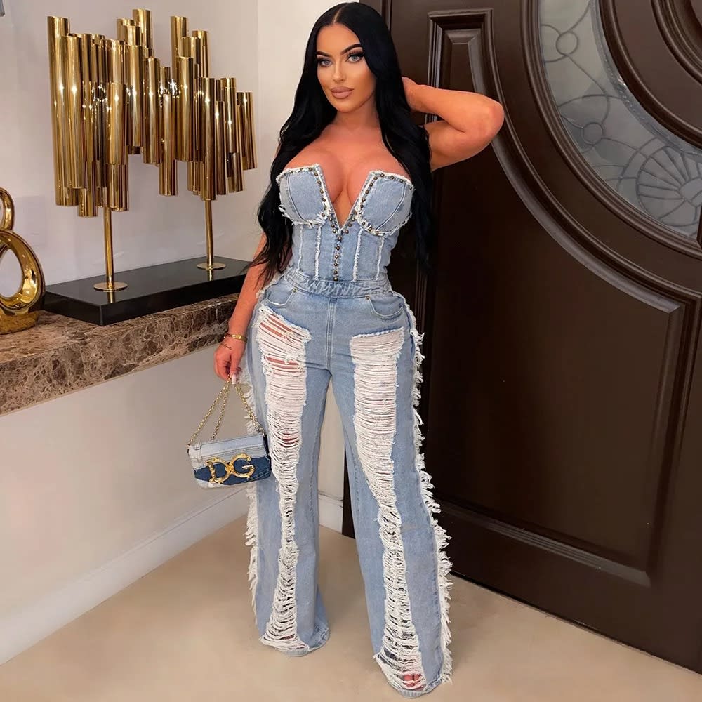 2023 Vintage Denim Jumpsuit: Off-Shoulder Rivet Romper